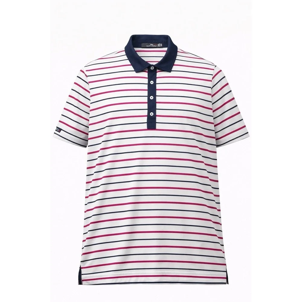 RLX Ralph Lauren Polo Shirt Mens 2XL Pink White Striped Golf Performance Pocket